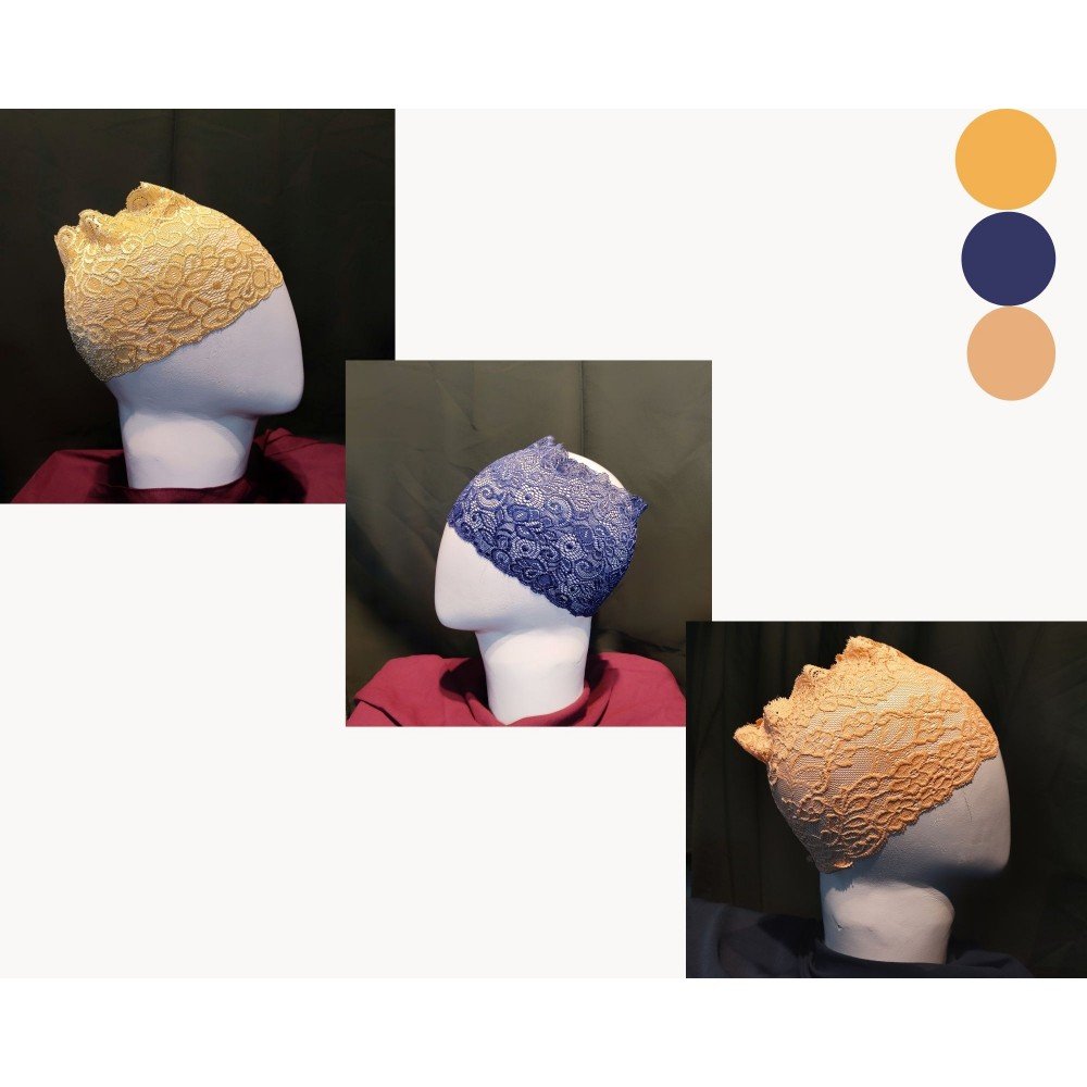 Stretchable Floral Net Lace Under Hijab/Scarf Tube Cap Combo Pack Of 3 (NAVY, BEIGE & YELLOW) - Image 3