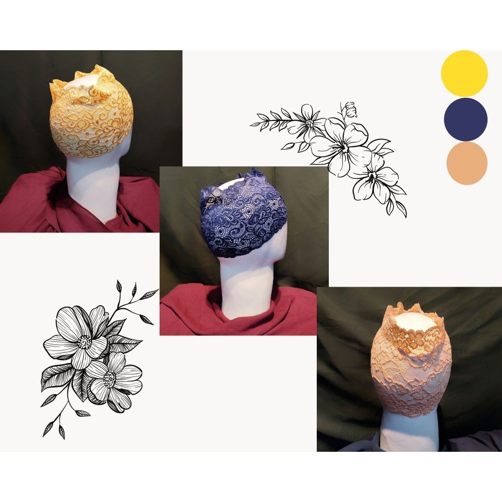 Stretchable Floral Net Lace Under Hijab/Scarf Tube Cap Combo Pack Of 3 (NAVY, BEIGE & YELLOW) - Image 2
